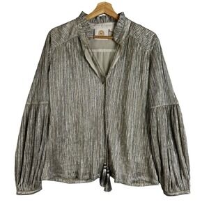 NICOBLU Women's Size L Gold Metallic Striped Tassel V Neck Blouse Shirt Top